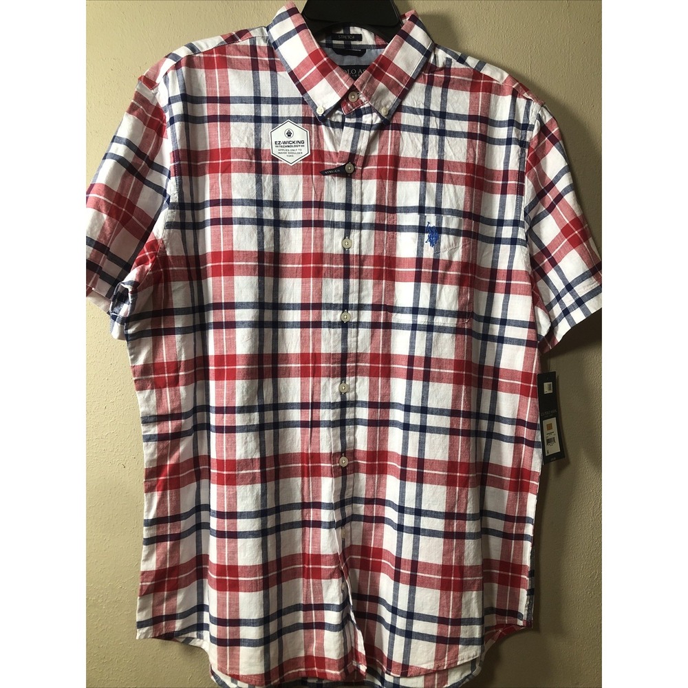 NWT U.S. Polo Assn Short Sleeve Shirt Button Up Collared Stretch Wicking Large